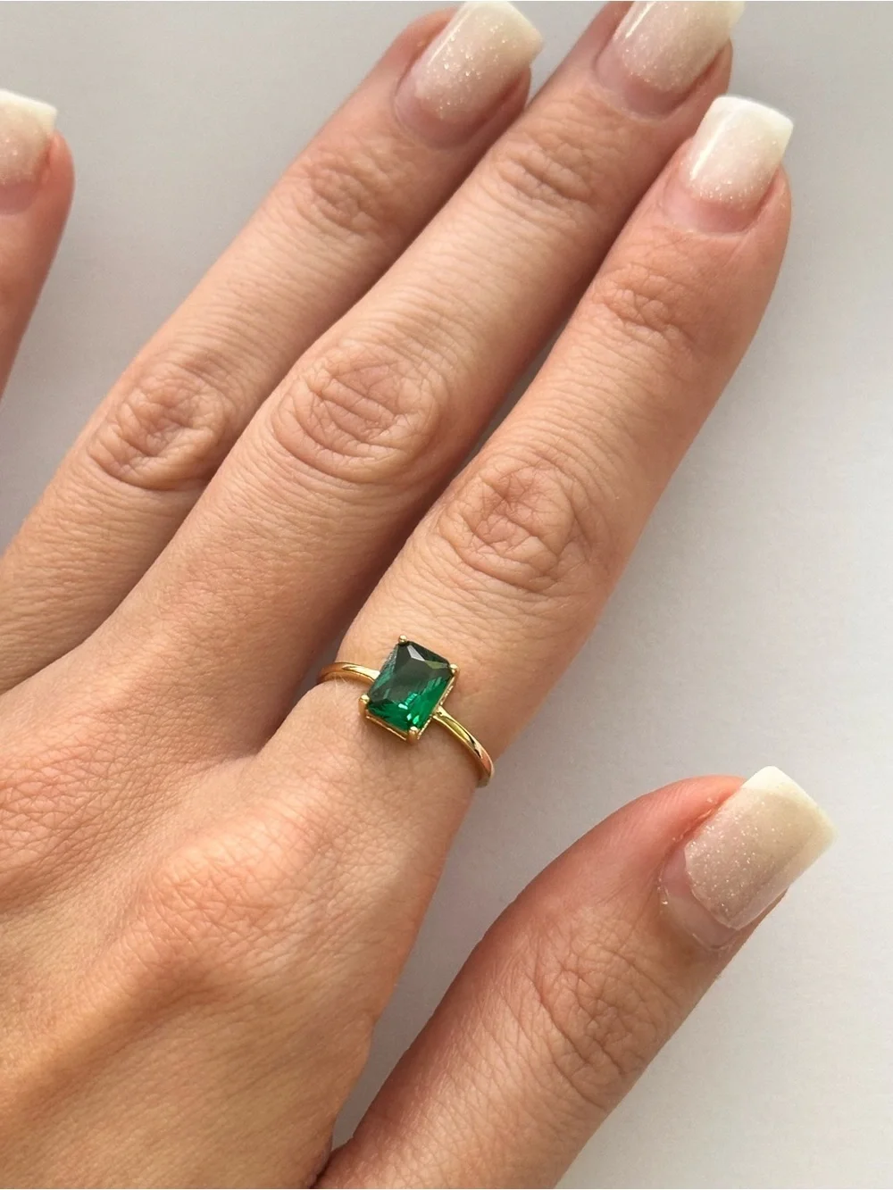 Anthropology 18K Gold Plated Ring with Emerald Green Rectangular Cubic Zirconia